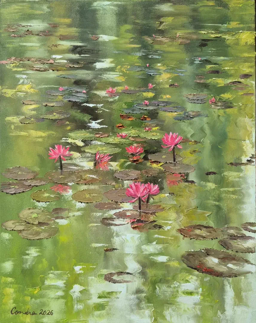 "The Green Song of the Lotus" by Condro Puspitosari, Oil on Canvas